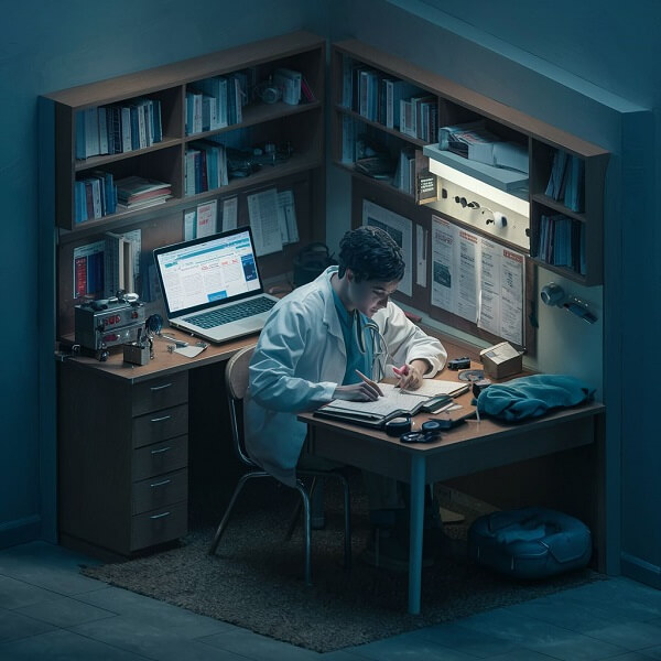 a medical student studying alone at home in a dark room